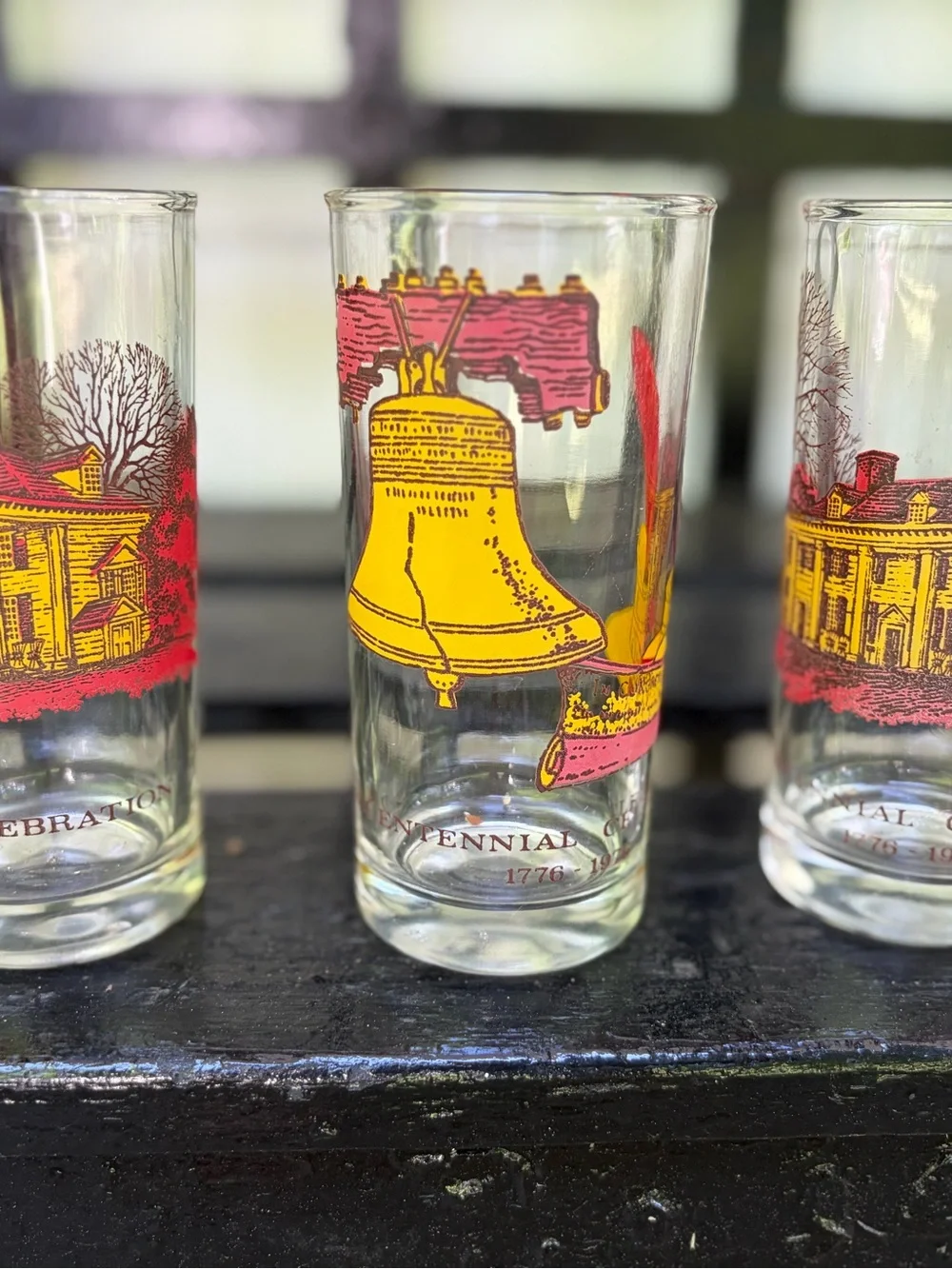 Set of 3 Vintage Commemorative Liberty Bell Shot Glasses - Yellow & Red Graphics